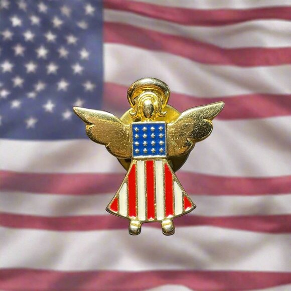 Vintage USA Angel Patriotic Red White Blue Hand Enameled 18kt Gold Finish Pin - Picture 1 of 4